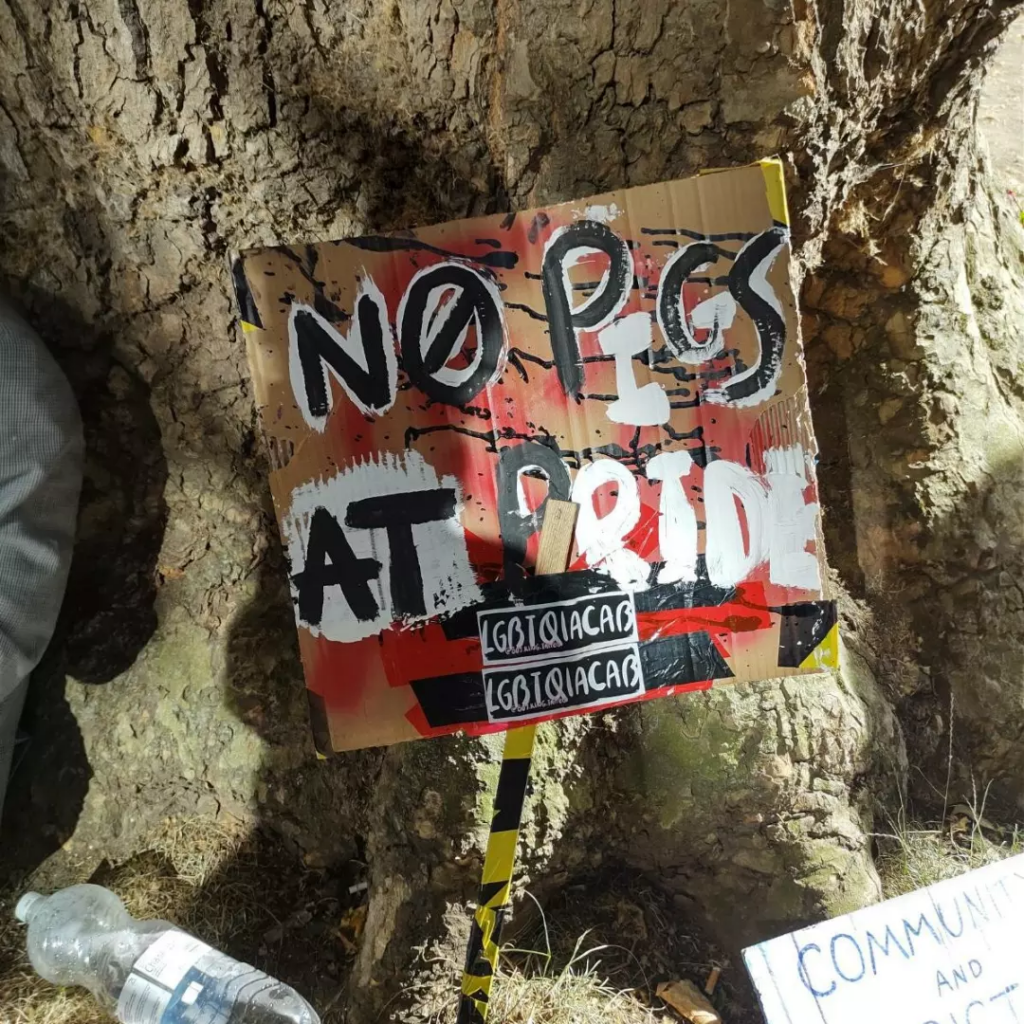 A photo of a cardboard sign resting on a tree that says “No pigs at Pride.” It has some stickers on it which say LGBTQIACAB
