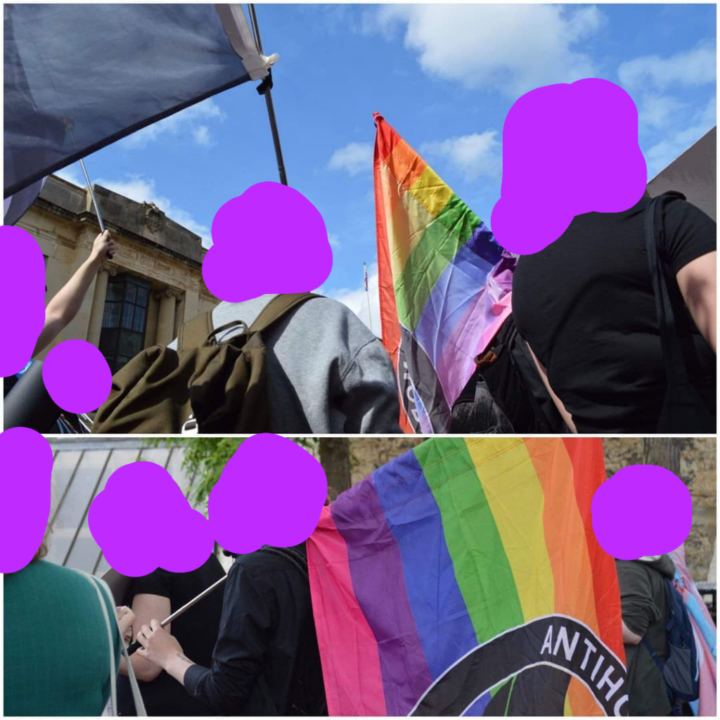 Groups of people holding rainbow flags
