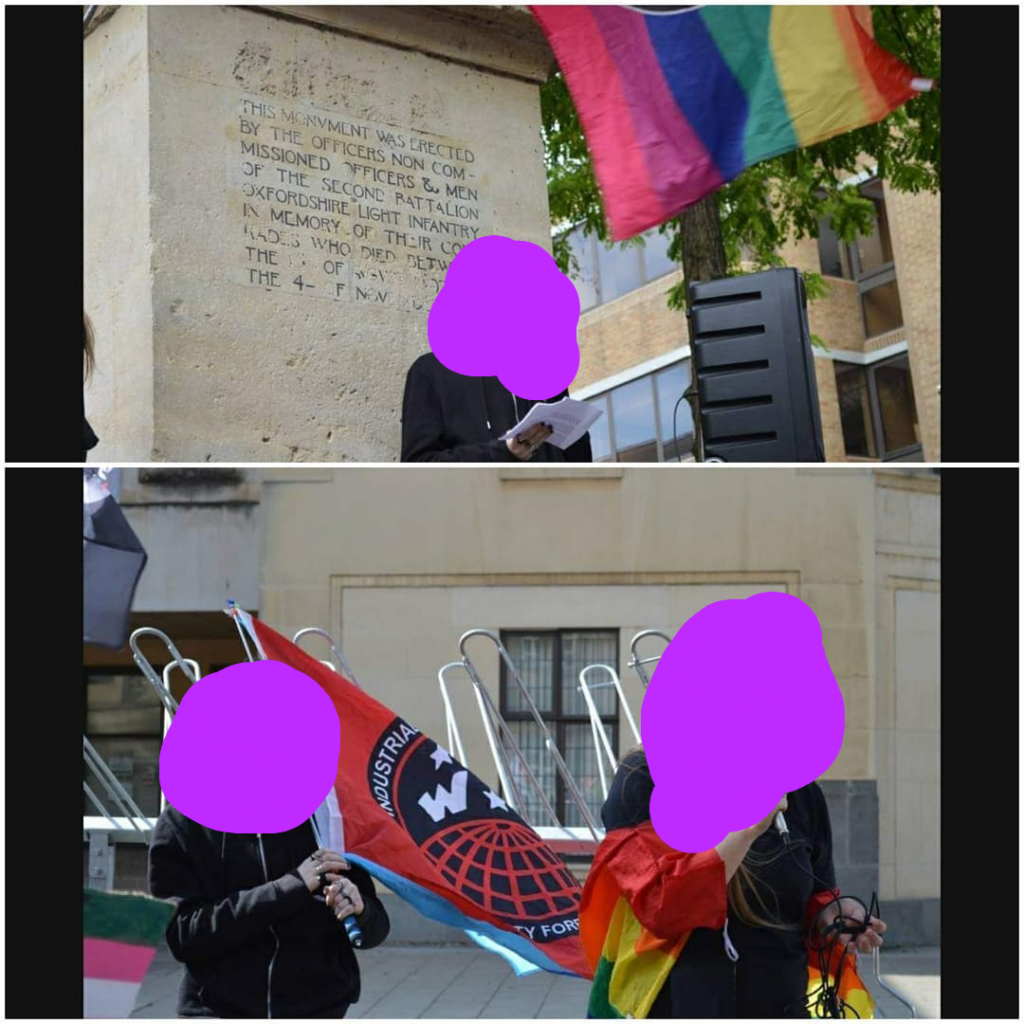 2 images - the first image is of a person holding a microphone reading a speech with a rainbow flag above them. the second image is of 2 people with a IWW flag and a rainbow flag