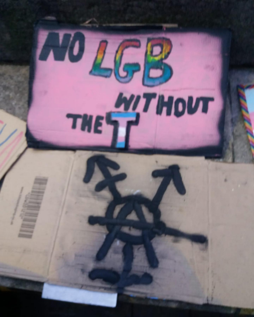 2 handmade protest signs, the first says "No LGB without the T" and the second has a trans anarchy symbol on it"