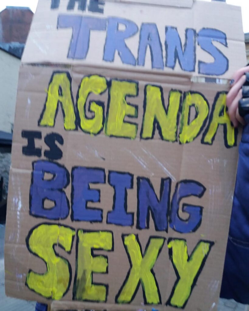 Cardboard sign with "the trans agenda is being sexy" written on it