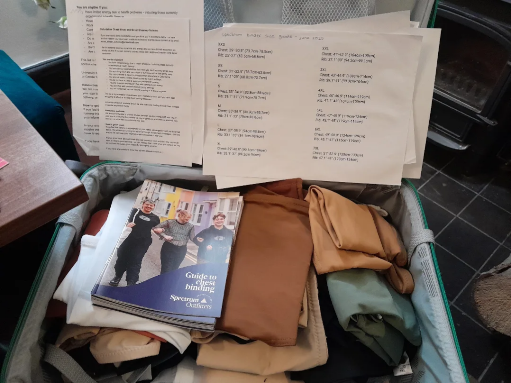 Photo of open suitcase full of binders with safe binding leaflets and sizing charts.