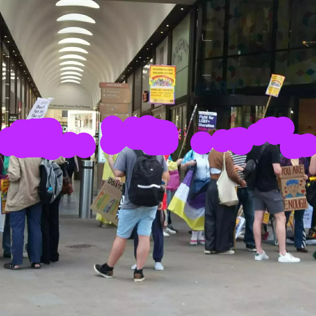 Group of people standing in front of a library at a shopping centre with pro queer signs and queer flags